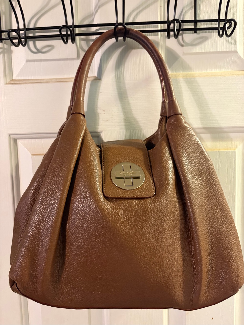 kate spade Brown Pebbled Leather Shoulder Bag with Gold-Tone Turn Lock